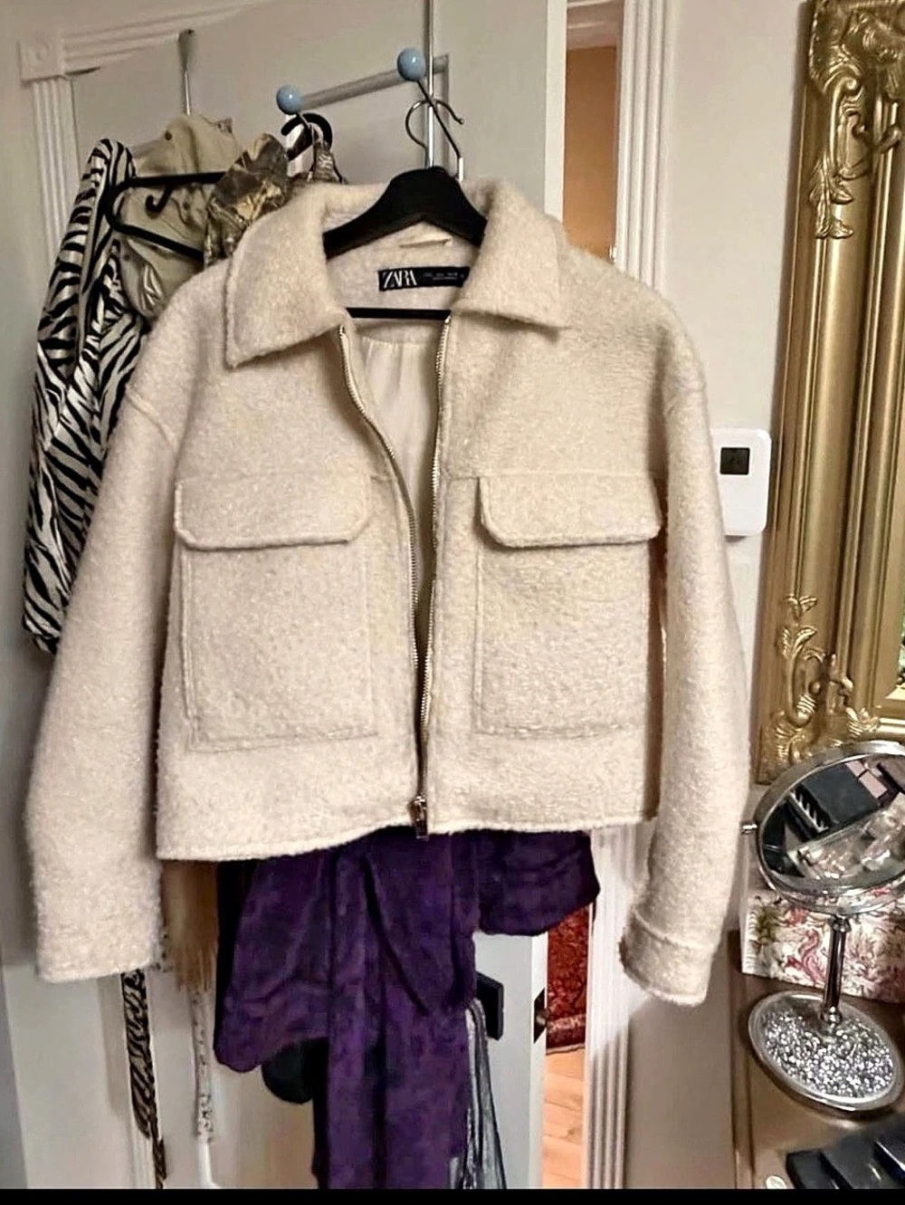 Zara Textured Weave Bomber Jacket in Cream